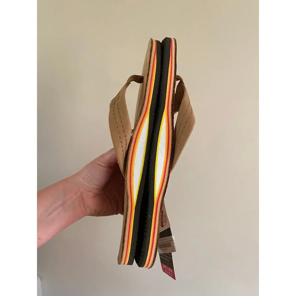NWT Rainbow Mens Single Layer Premier Leather Sandals Tan/Red Orange Yellow L
